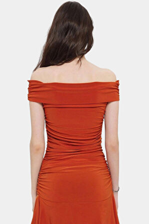 Şık ve Rahat Mini Elbise  Polyester Örme Kumaş Carmen Yaka Trend Tasarım Premium Kalite