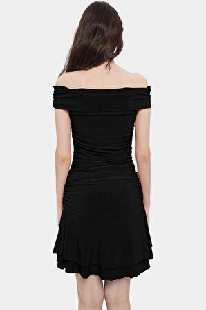 Şık ve Rahat Mini Elbise  Polyester Örme Kumaş Carmen Yaka Trend Tasarım Premium Kalite