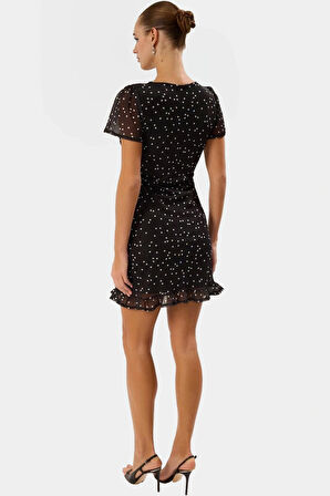 Astarlı Mini Tül Elbise Puantiyeli Bodycon Kesim Kısa Kol Modern Stil