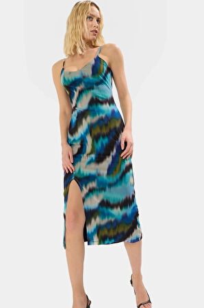 Bodycon Midi Elbise Tül Örme V Yaka Yazlık Soyut Desen Rahat Ve Şık Mükemmel Uyum