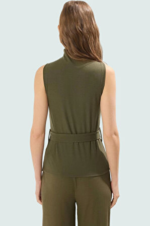 96 Polyester 4 Elastan Fitted Örme Bluz Dik Yaka Kemer Detayı Uzun Ömürlü Profesyonel Görünüm