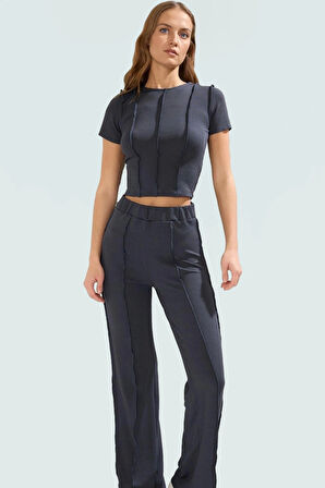 Şık ve Rahat Örme Kadın Takım Polyester Kaşkorse Kumaş İspanyol Paça Pantolon Yazlık Modern Stil