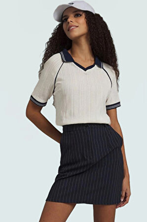 Kısa Kollu Örme Bluz Polo Yaka Renk Bloklu Desen 74% Polyester 26% Pamuk Premium Kalite