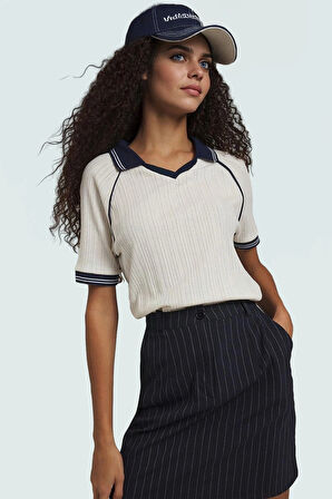 Kısa Kollu Örme Bluz Polo Yaka Renk Bloklu Desen 74% Polyester 26% Pamuk Premium Kalite