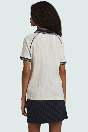 Kısa Kollu Örme Bluz Polo Yaka Renk Bloklu Desen 74% Polyester 26% Pamuk Premium Kalite
