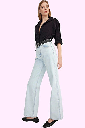 Kadın Denim Yüksek Bel Pantolon; Geniş Paça Pamuk Günlük Kullanım Yaz Aylarının Vazgeçilmezi
