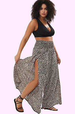 Kadın Plaj Pantolonu Geniş Paça Viskoz Crinkle Dokuma Çiçekli Desen Yaz Aylarının Vazgeçilmezi