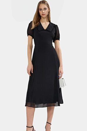 Şifon Elbise A Kesim Midi Boy Bebe Yaka Kısa Kollu Astarlı Yazlık Günlük Kullanım İçin