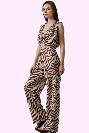 Kadın Keten Görünümlü Çok Çizgili Yüksek Bel Pantolon Pamuk Rahat Yaz Aylarının Vazgeçilmezi