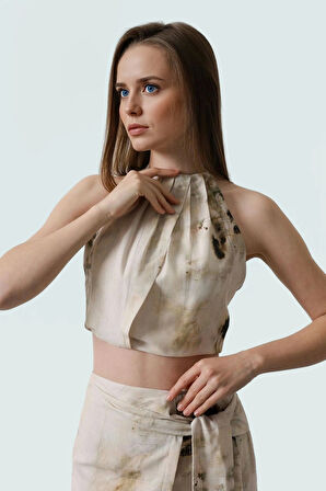 Yazlık Şık Crop Bluz Halter Yaka Keten Görünümlü Regular Kalıp 100% Polyester Uzun Ömürlü