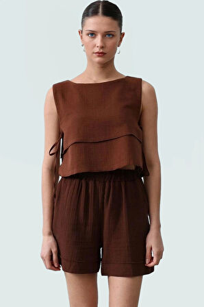 Yazlık Pamuklu Dokuma Bluz Bisiklet Yaka Yandan Bağlama Detaylı Konforlu Kesim