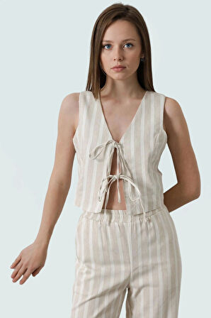 Önü Bağlamalı Çizgili Kolsuz Bluz Pamuklu Dokuma Rahat Kalıp Trend Tasarım Özenle Seçilmiş