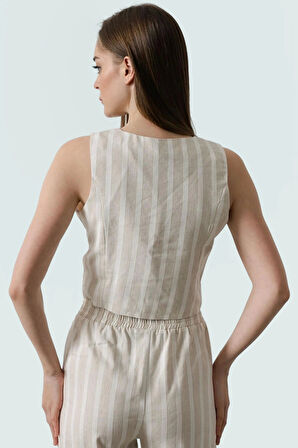 Önü Bağlamalı Çizgili Kolsuz Bluz Pamuklu Dokuma Rahat Kalıp Trend Tasarım Özenle Seçilmiş