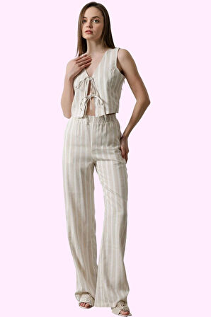 Kadın Günlük Casual Çizgili Pantolon Pamuk Keten Görünümlü Dokuma Yaz Aylarının Vazgeçilmezi