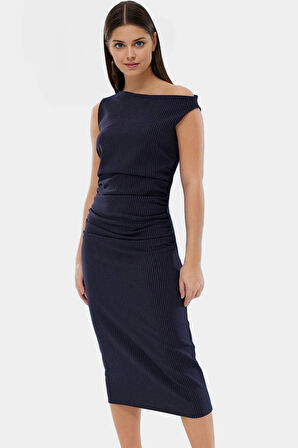 Vücudu Saran Çizgili Midi Elbise Yazlık Dokuma Polyester Elastan Modern Stil