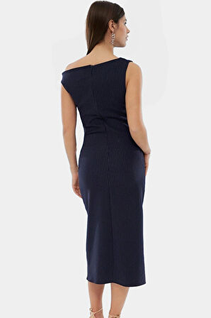 Vücudu Saran Çizgili Midi Elbise Yazlık Dokuma Polyester Elastan Modern Stil