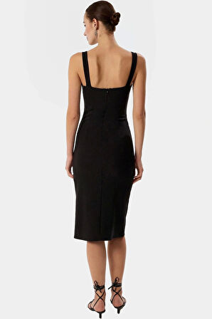 Bodycon Elbise Midi Boy Kolsuz Düğmeli Detay Polyester Elastan Karışımı