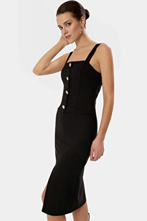 Bodycon Elbise Midi Boy Kolsuz Düğmeli Detay Polyester Elastan Karışımı