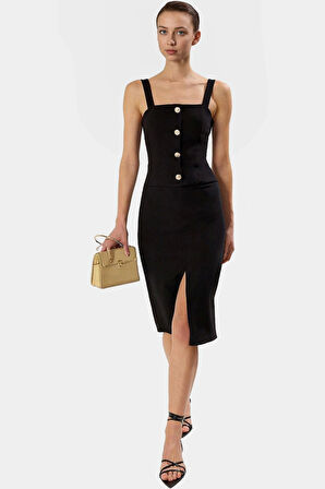 Bodycon Elbise Midi Boy Kolsuz Düğmeli Detay Polyester Elastan Karışımı