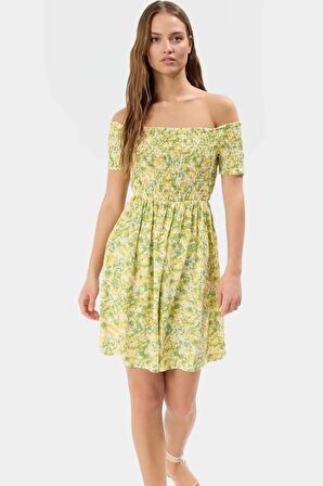 Çiçekli Gipeli Mini Elbise Yazlık Dokuma Kumaş Skater Kalıp Çok Zarifane Tasarım