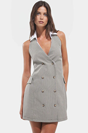 Ekose Polyester Mini Ceket Elbise Gömlek Yaka Yazlık Premium Kalite Profesyonel Görünüm