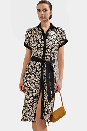 Dokuma Viskoz Gömlek Elbise Çiçek Desenli Midi Boy Trend Tasarım Rahat Kullanım Modern Stil