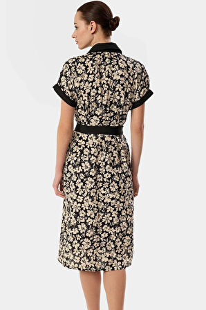 Dokuma Viskoz Gömlek Elbise Çiçek Desenli Midi Boy Trend Tasarım Rahat Kullanım Modern Stil