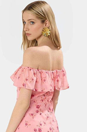 Dokuma Polyester Midi Elbise Belden Açılan Etek Çiçek Desenli Carmen Yaka Günlük Kullanım İçin