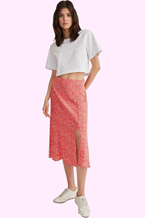 Kadın A line Midi Etek Dokuma Kumaş Viskoz Cepsiz Çiçek Desenli Günlük Yaz Aylarının Vazgeçilmezi