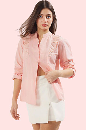 Kadın Basic Dokuma Gömlek Hakim Yaka Uzun Kollu Dantel Detaylı İş Ve Günlük Modern Tasarım