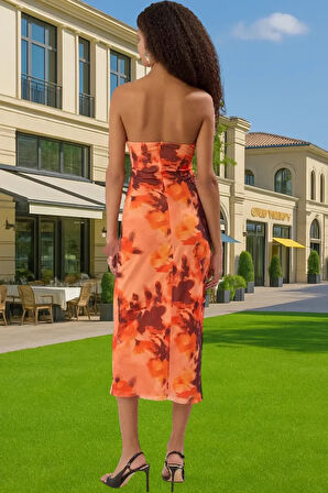 V Yaka Bodycon Midi Abiye Elbise Örme Kumaş Tül Astarlı Özel Tasarım Seçkin Malzeme Özel Tasarım
