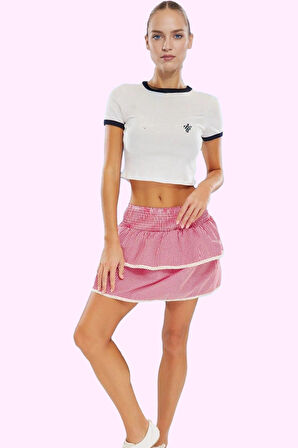 Kadın Fırfırlı Ekose Mini Etek; Kalçadan Oturan Yazlık Trend Günlük Kullanım Modern Tasarım