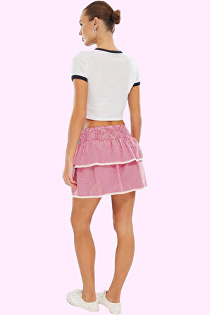 Kadın Fırfırlı Ekose Mini Etek; Kalçadan Oturan Yazlık Trend Günlük Kullanım Modern Tasarım