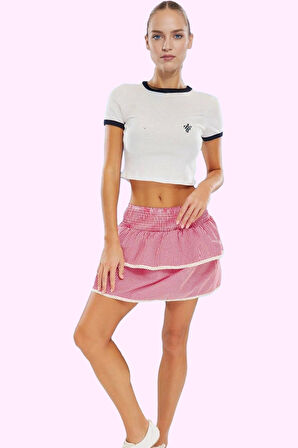 Kadın Fırfırlı Ekose Mini Etek; Kalçadan Oturan Yazlık Trend Günlük Kullanım Modern Tasarım