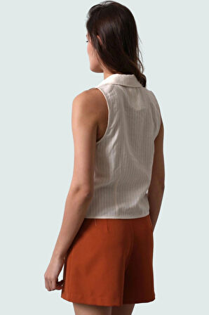 100 Pamuk Keten Görünümlü Bluz Kolsuz Ceket Yaka Regular Kalıp Yazlık Premium Kalite