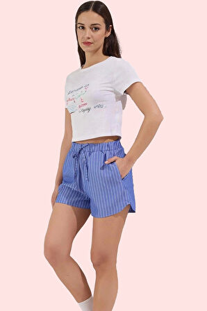 Kadın Yazlık Mini Şort Çizgili Dokuma Terrycotton Kumaş Yüksek Bel Straight Günlük Kullanım