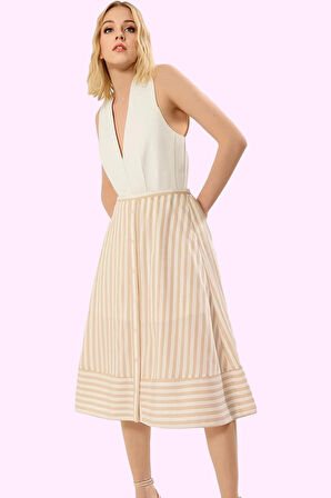 Kadın Çizgili Midi Etek Viskoz Poliamid A Line Günlük Hafta Sonu Yaz Aylarının Vazgeçilmezi