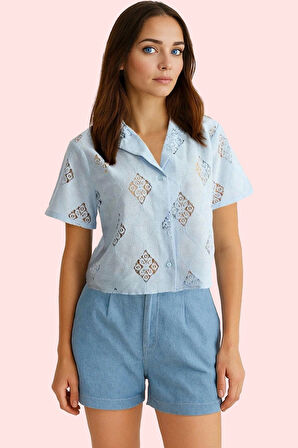 Kadın Crop Gömlek Ceket Yaka Kısa Kollu Yazlık Günlük Hafta Sonu Yaz Aylarının Vazgeçilmezi