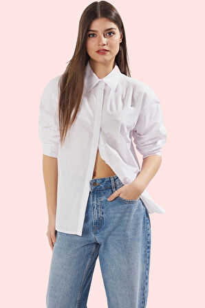 Kadın Uzun Kollu Gömlek; Oversize Terrycotton Kumaş Çiçek Detay İş ve Günlük Modern Tasarım