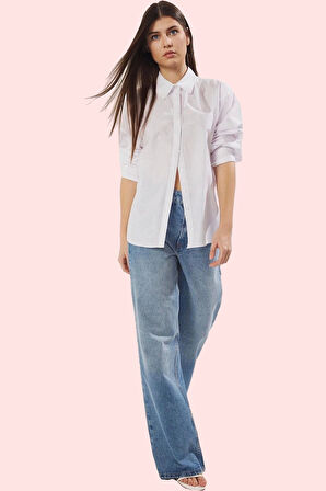 Kadın Uzun Kollu Gömlek; Oversize Terrycotton Kumaş Çiçek Detay İş ve Günlük Modern Tasarım