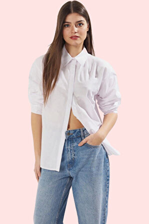 Kadın Uzun Kollu Gömlek; Oversize Terrycotton Kumaş Çiçek Detay İş ve Günlük Modern Tasarım