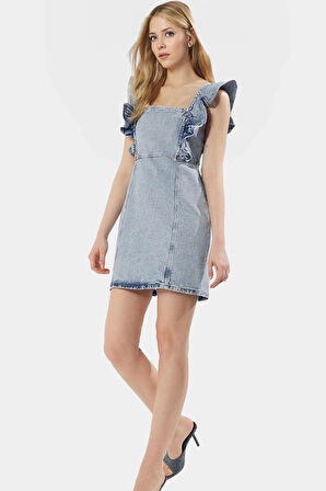 Yazlık Kadın Mini Denim Elbise Kare Yaka A line  Pamuk Fırfırlı Detaylar Dayanıklı Malzeme