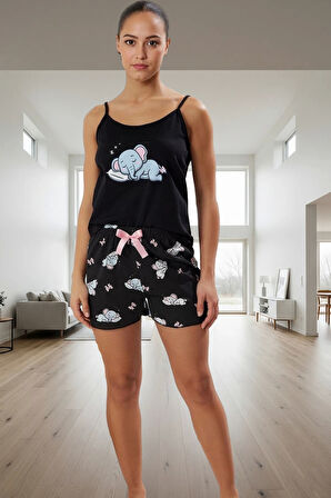 Fil Desenli Pamuk Örme Pijama Takımı Yaz İçin İdeal Konfor Günlük Kullanım