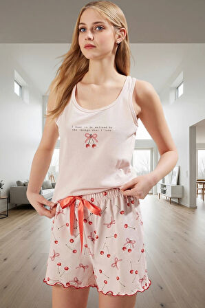 2'li Homewear Pijama Takımı Pamuk Kumaş Kiraz Desenli Şort Kaliteli İşçilik Uzun Ömürlü