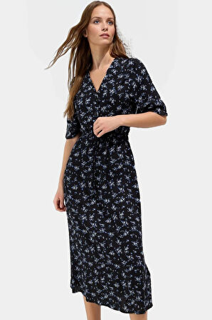 Viskoz Dokuma Midi Elbise Şık A line Kesim Çiçek Desen Kısa Kol Trend Tasarım Yüksek Kalite