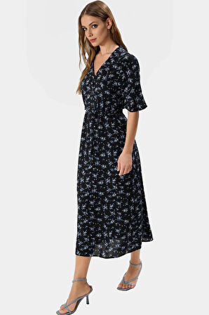 Viskoz Dokuma Midi Elbise Şık A line Kesim Çiçek Desen Kısa Kol Trend Tasarım Yüksek Kalite