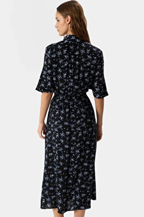 Viskoz Dokuma Midi Elbise Şık A line Kesim Çiçek Desen Kısa Kol Trend Tasarım Yüksek Kalite