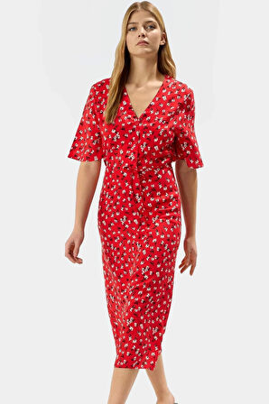 Viskoz Dokuma Midi Elbise Şık A line Kesim Çiçek Desen Kısa Kol Trend Tasarım Yüksek Kalite