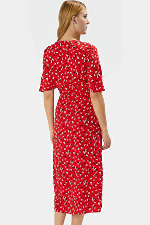 Viskoz Dokuma Midi Elbise Şık A line Kesim Çiçek Desen Kısa Kol Trend Tasarım Yüksek Kalite