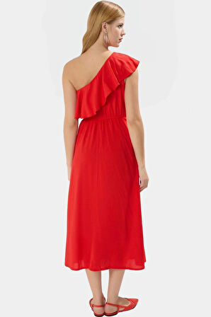 Viskoz Kumaş Midi Elbise Şık Çiçek Desenli Asimetrik Yaka Günlük Stil Modern Premium Kalite